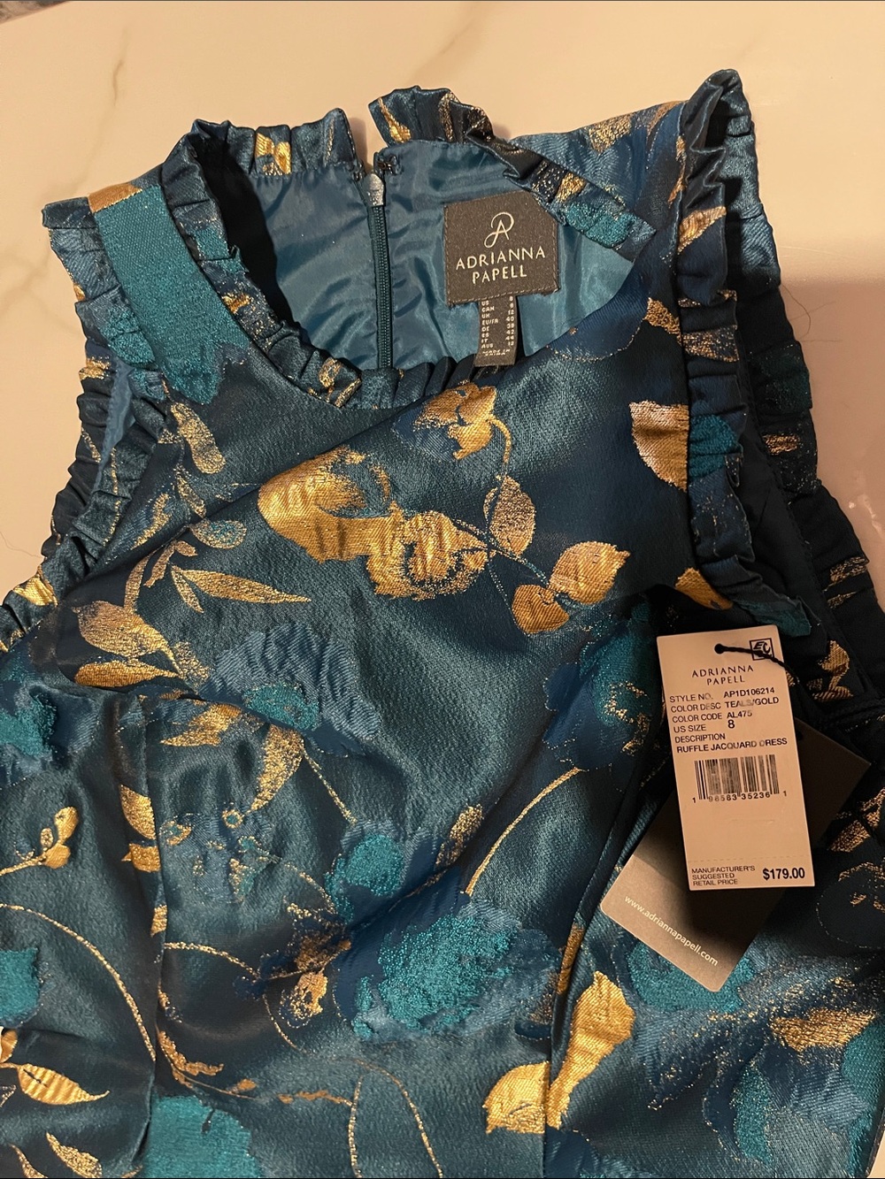 Adrianna Papell Teal and Gold Floral High-Low Dress - Picture 11 of 12